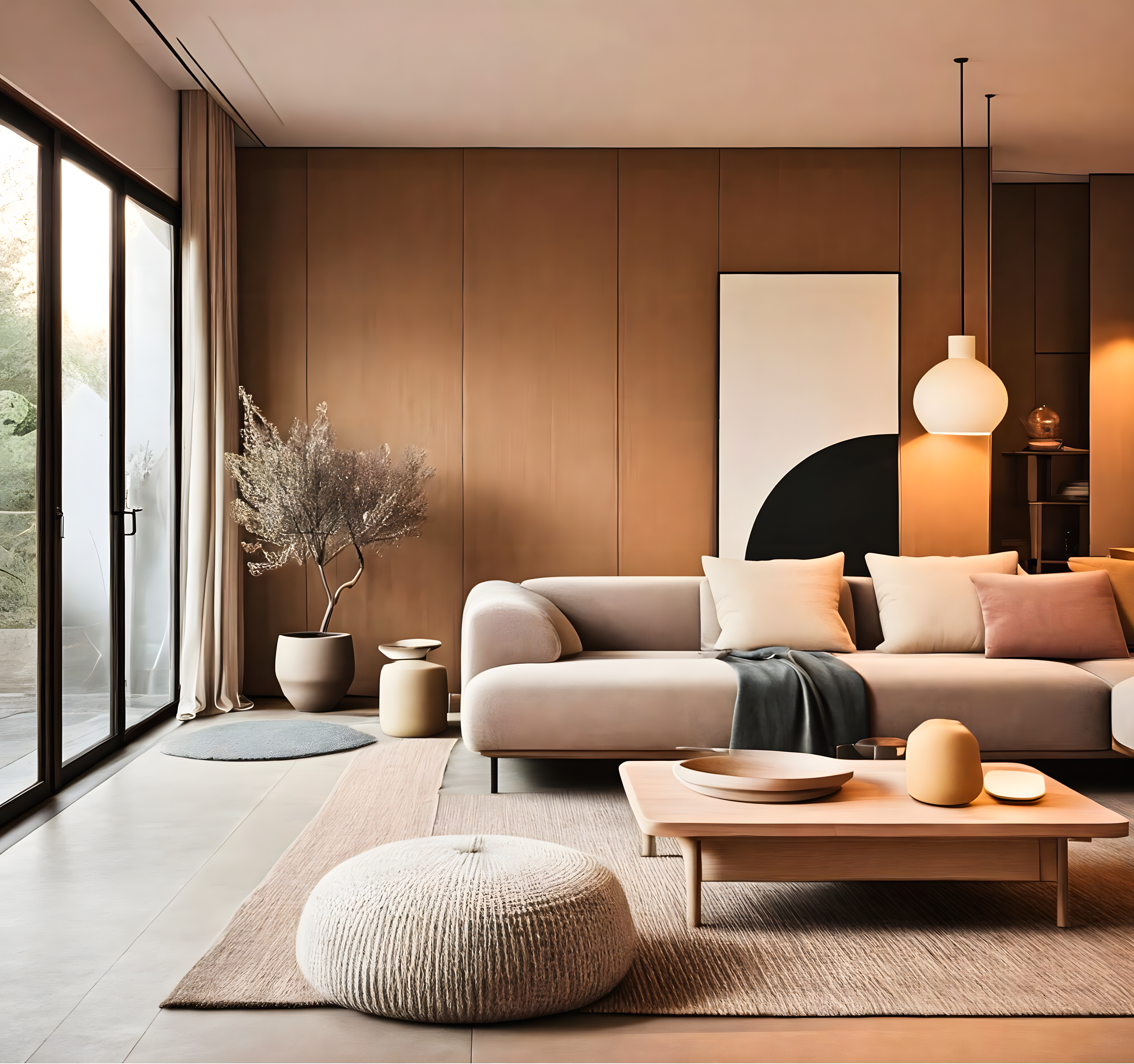 Modern Living Room with Wood-Paneled Wall and Natural Light | Material Depot