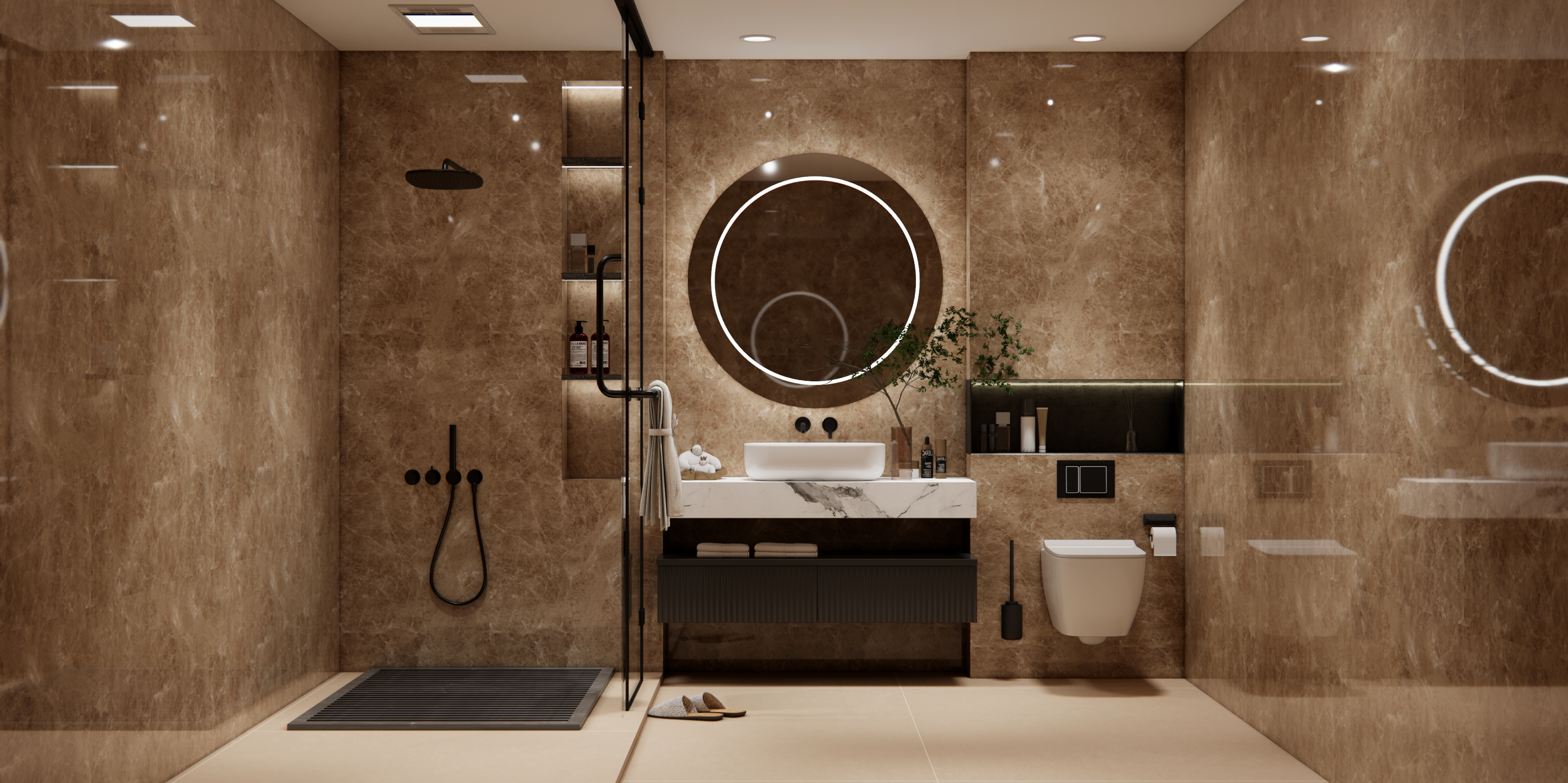 Modern Luxury Bathroom with Marble Effect Tiles and Backlit Mirror | Material Depot