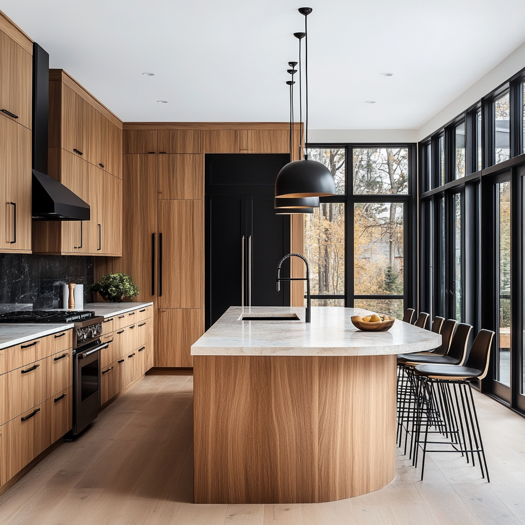 Modern Luxury Kitchen with Curved Island and Black Accents | Material Depot