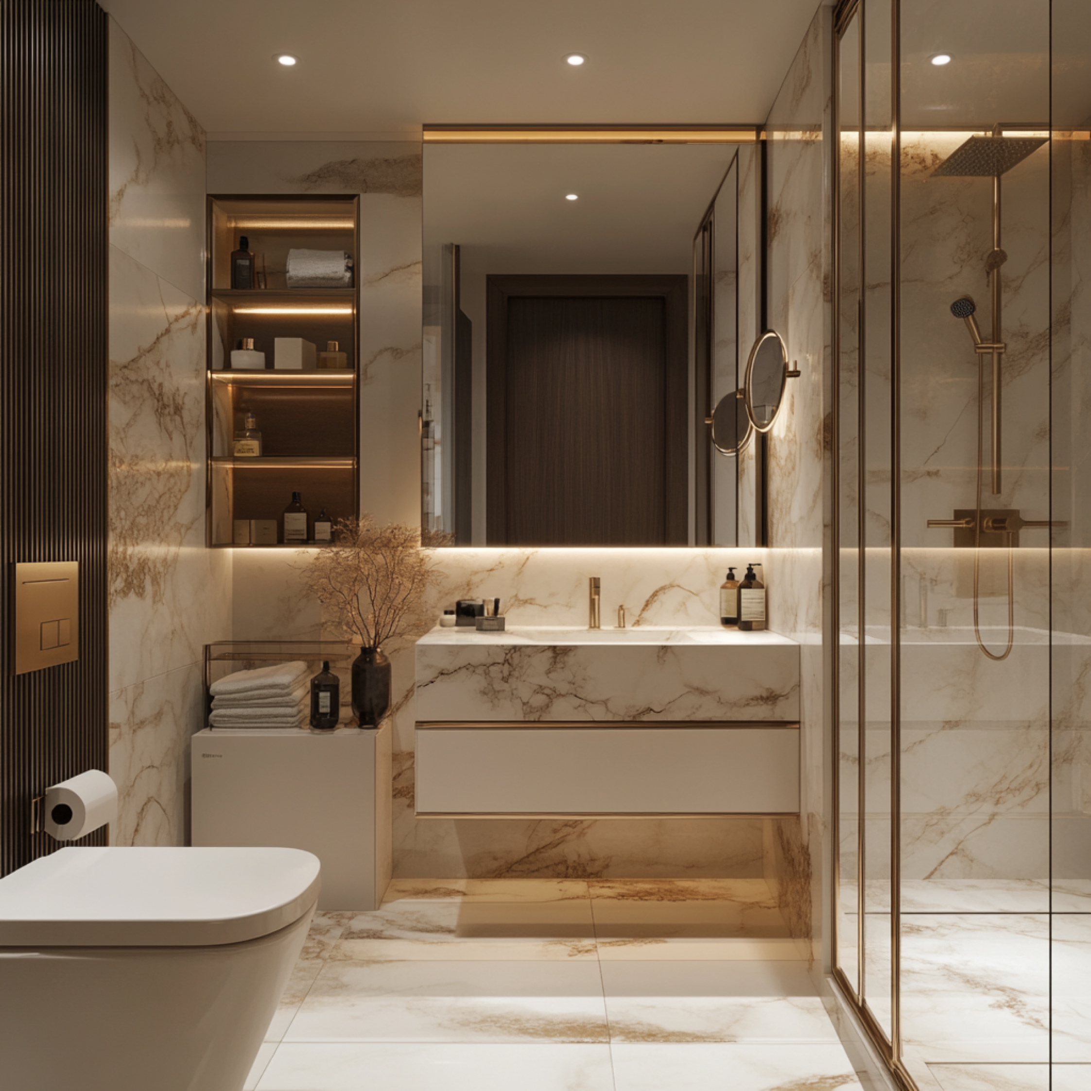 Modern Marble Bathroom with Gold Accents and Ambient Lighting | Material Depot