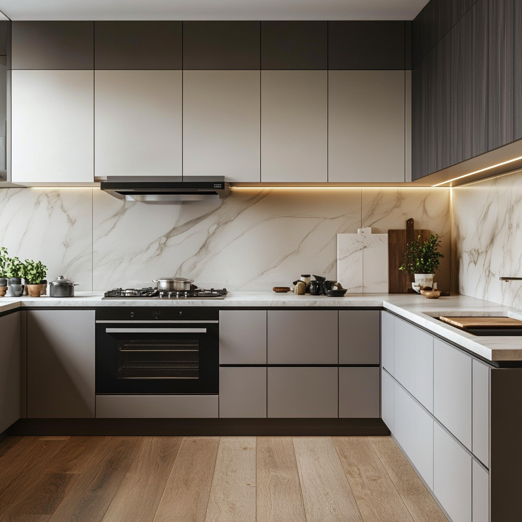 Modern Mastery: Contemporary Kitchen Design Featuring Marble Wall and Contrasting Cabinet Finishes | Material Depot