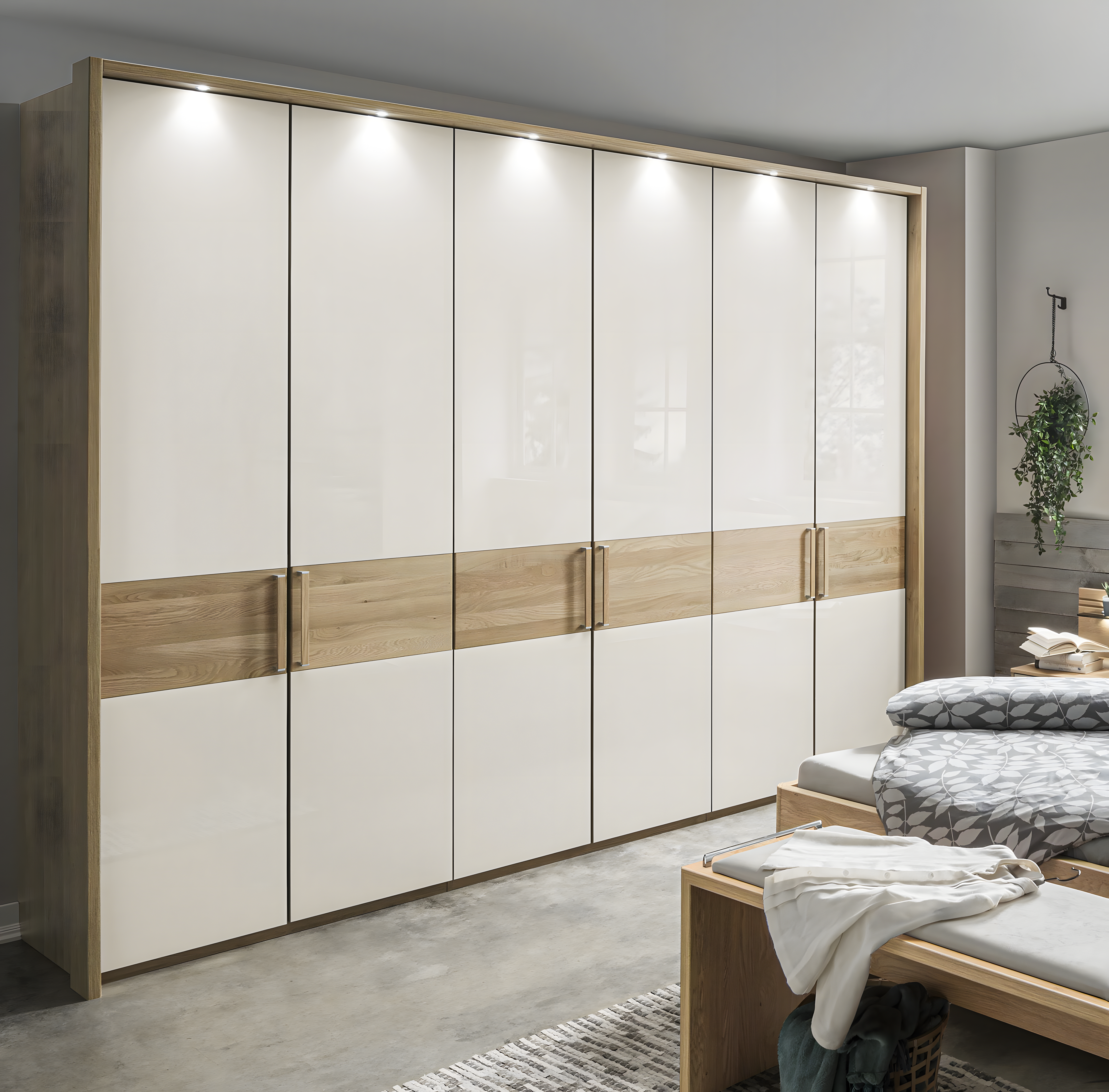 Modern Minimalism: Sleek White Wardrobe with Natural Wood Accents | Material Depot