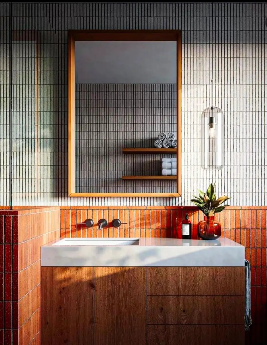 Modern Minimalist Bathroom with Terracotta and White Textured Tiles and ... - Affordable Tile Bathroom Vanity Materials