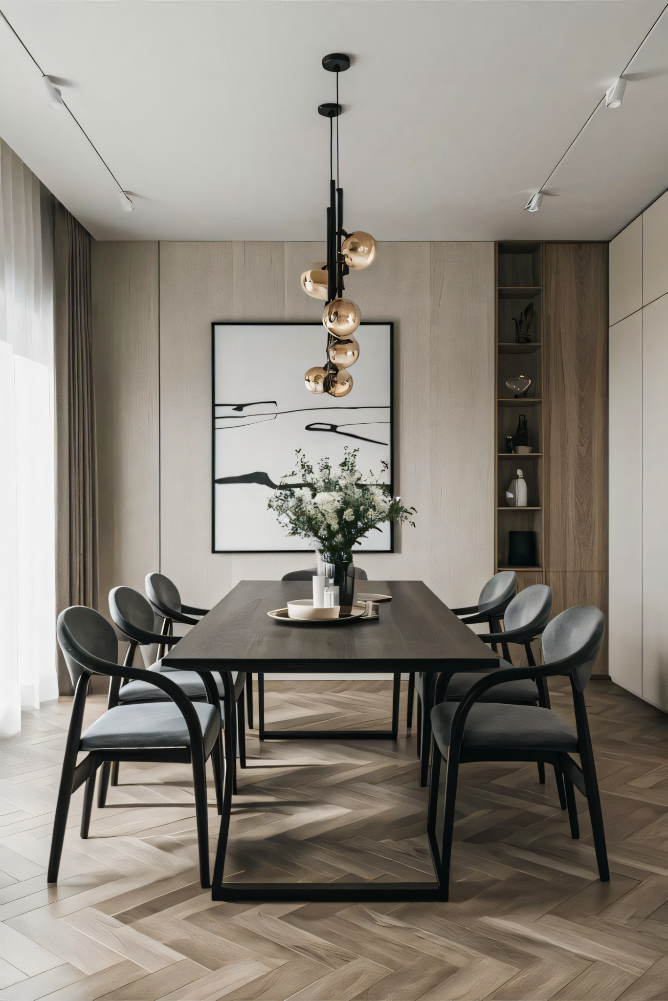 Modern Minimalist Dining Room with Geometric Pendant Light and Herringbone Flooring | Material Depot