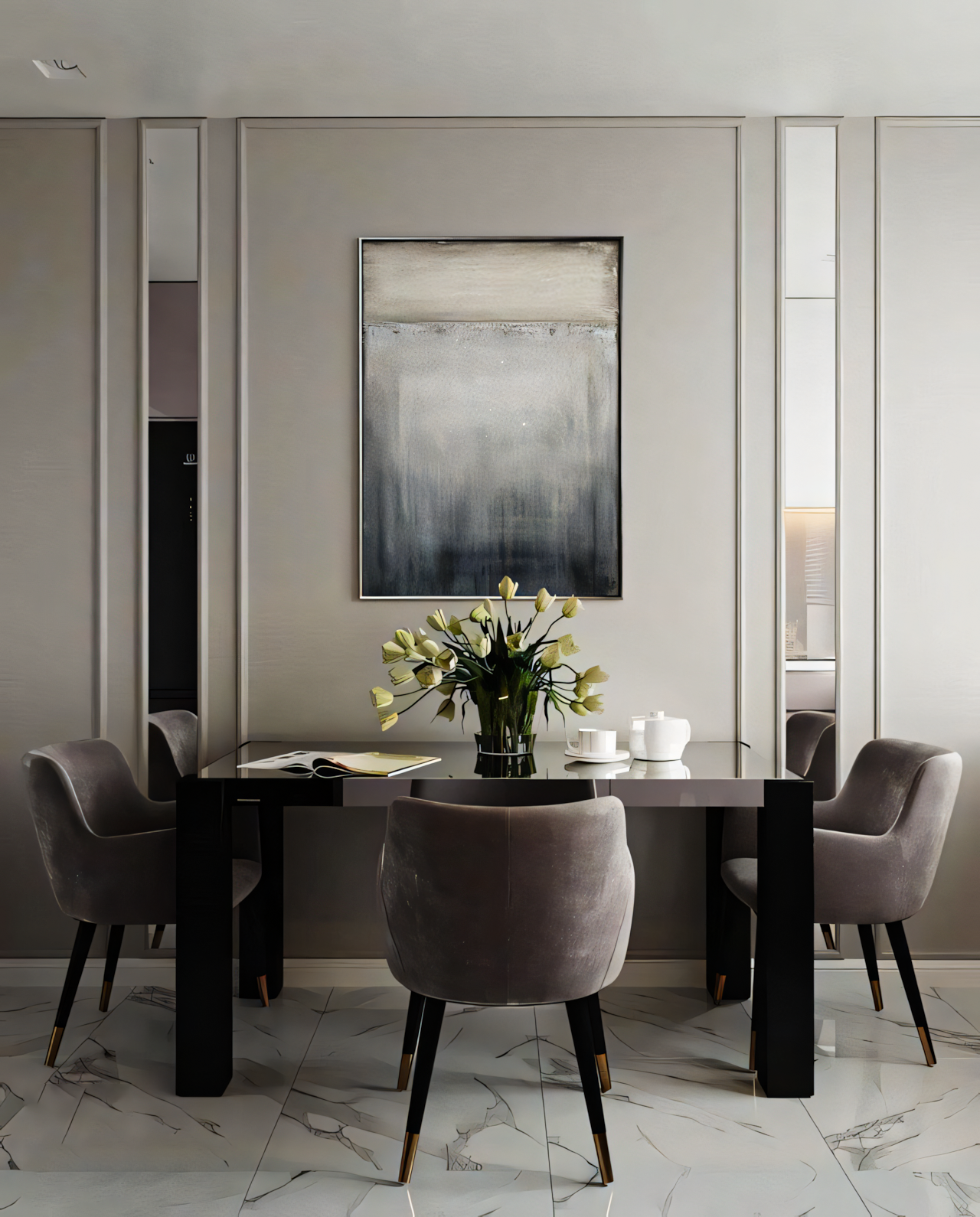 Modern Minimalist Dining Room with Geometric Wall Panels and Velvet Chairs | Material Depot