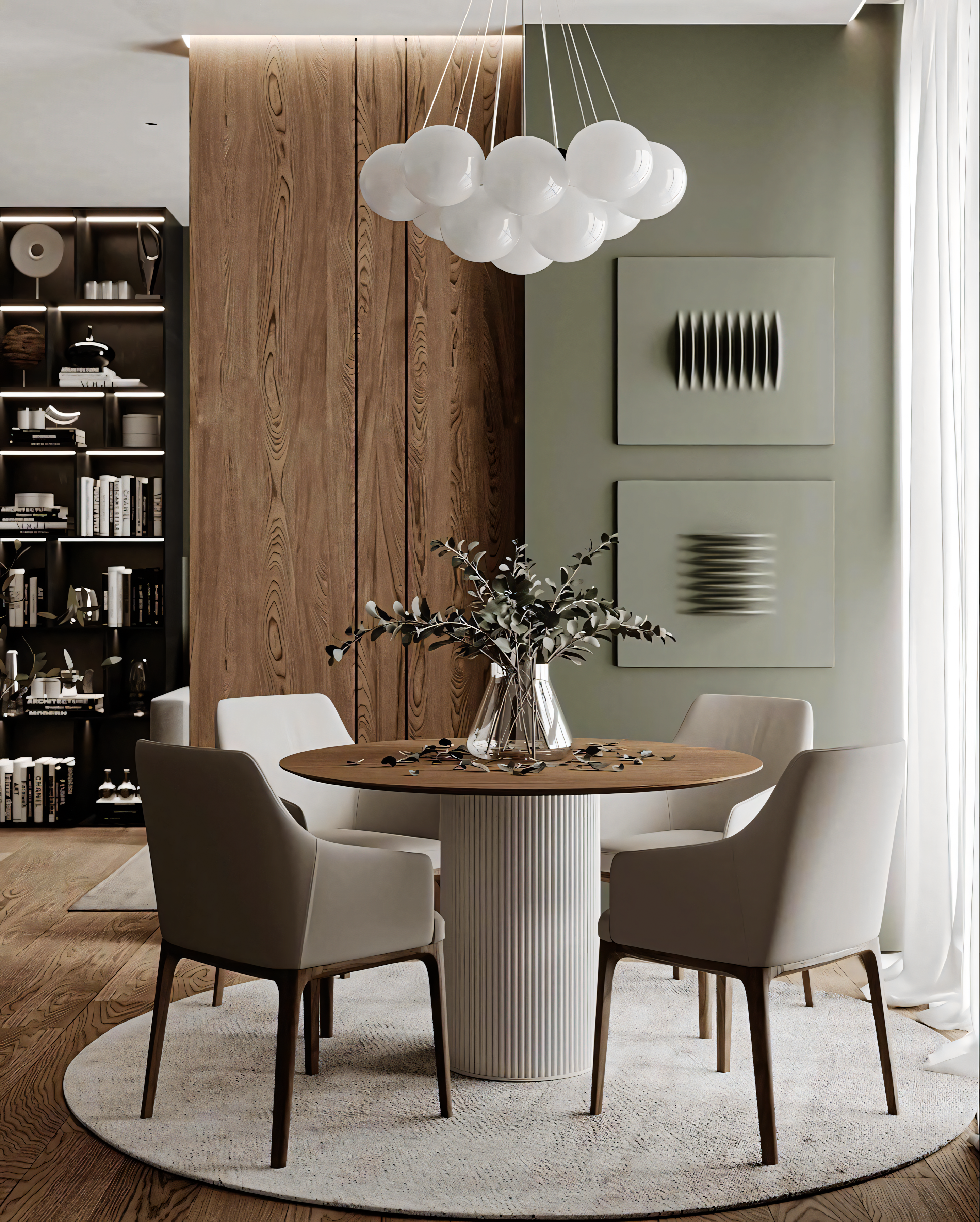 Modern Minimalist Dining Room with Geometric Wall Panels and Velvet Chairs | Material Depot