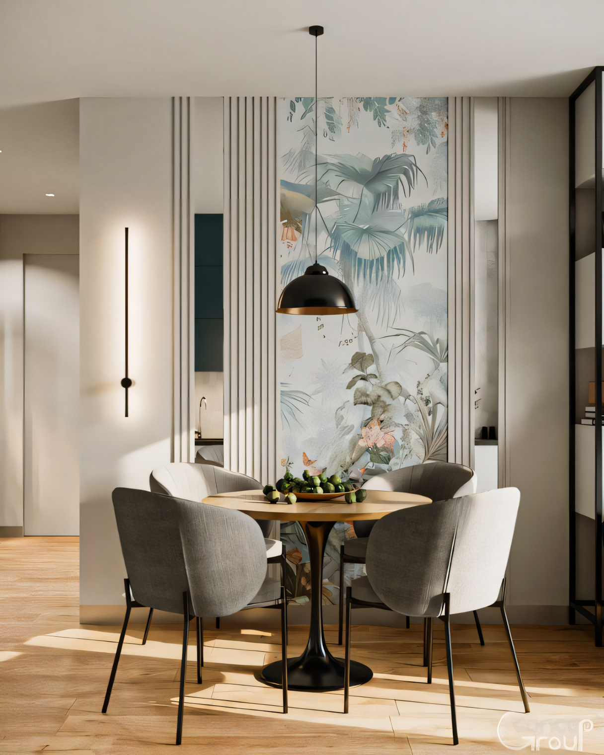 Modern Minimalist Dining Room with Tropical Wall Mural and Gray Chairs | Material Depot