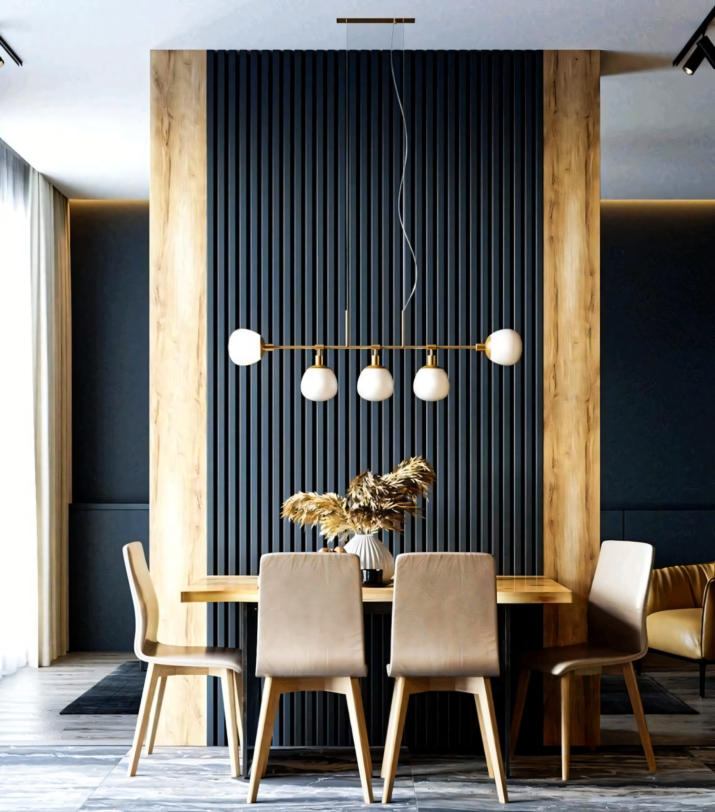 Modern Minimalist Dining Room with Vertical Wall Paneling and Tan Chairs | Material Depot