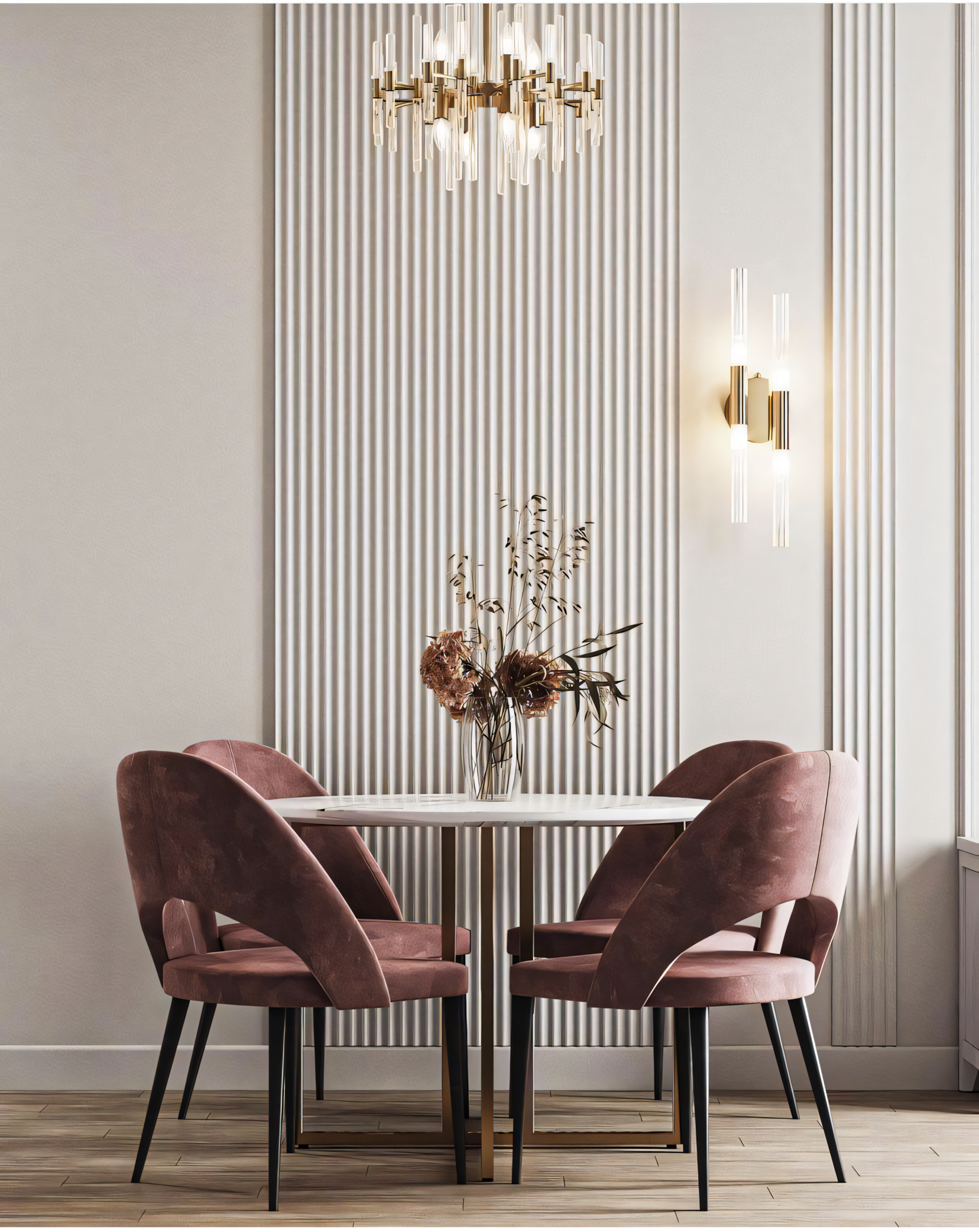 Modern Minimalist Dining Room with Vertical Wall Paneling and Velvet Chairs | Material Depot