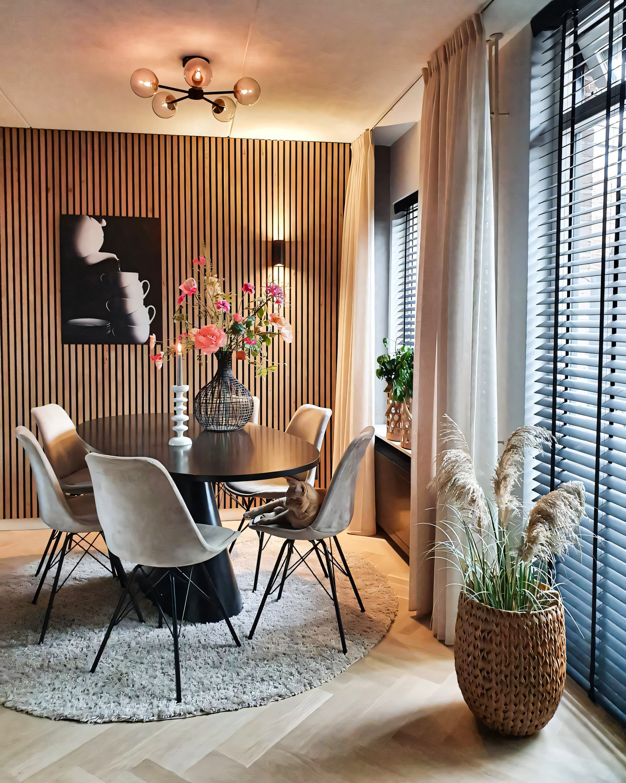 Modern Minimalist Dining Room with Wood Paneling and Pendant Lighting | Material Depot