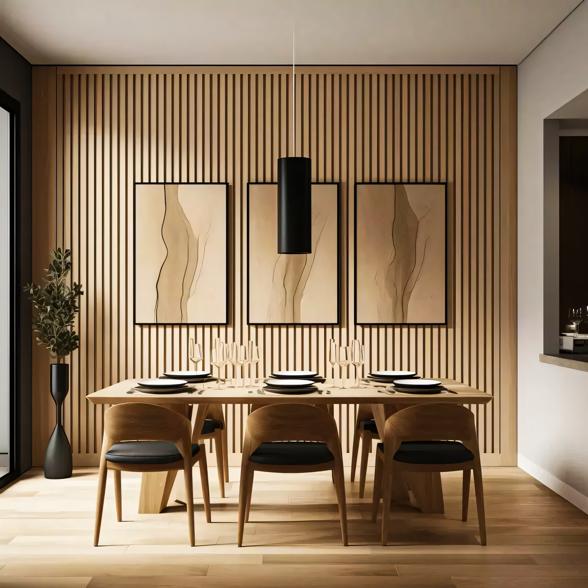 Modern Minimalist Dining Room with Wooden Wall Paneling and Pendant Lighting | Material Depot