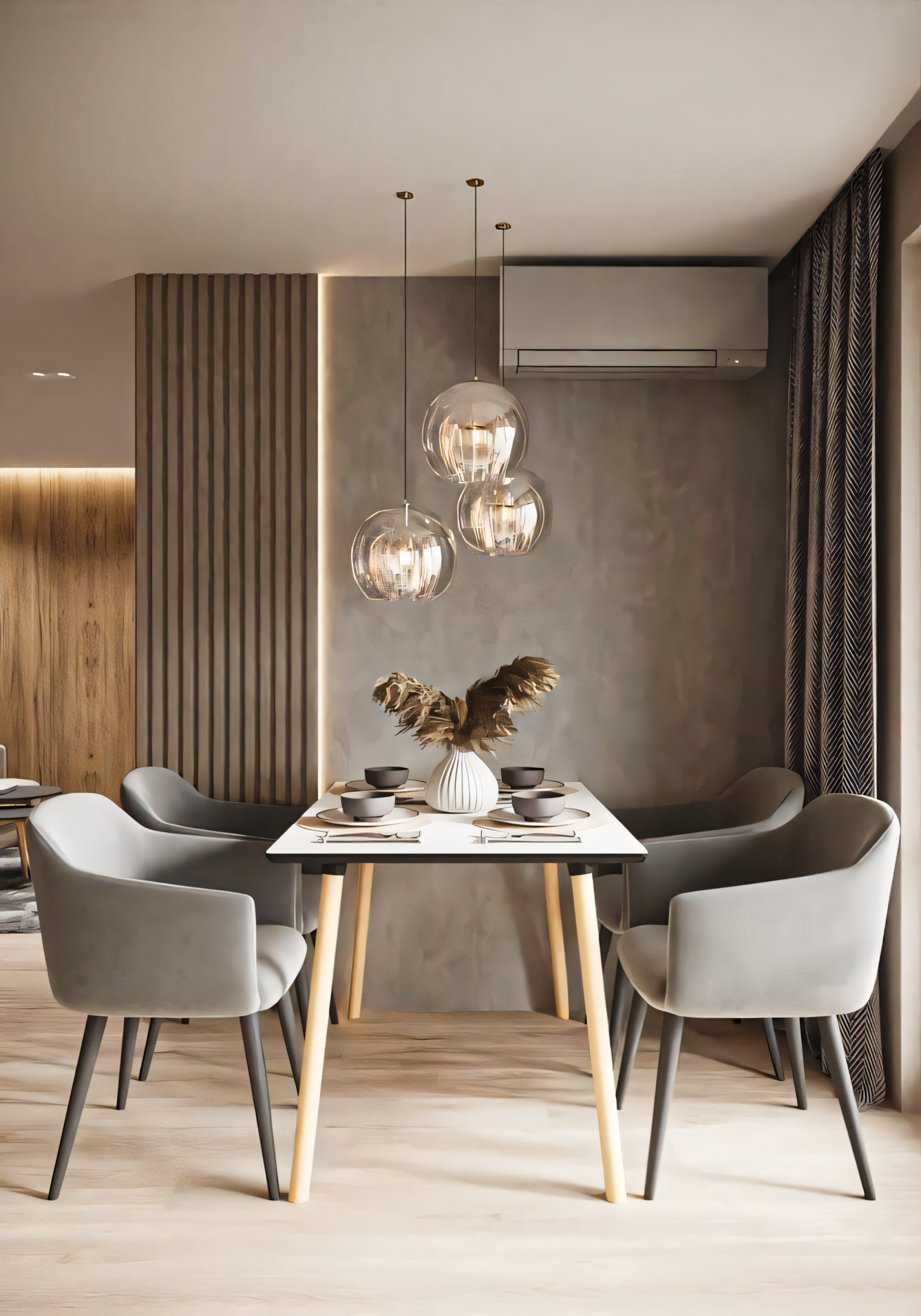 Modern Minimalist Dining Room with Wooden Wall Paneling and Pendant Lighting | Material Depot