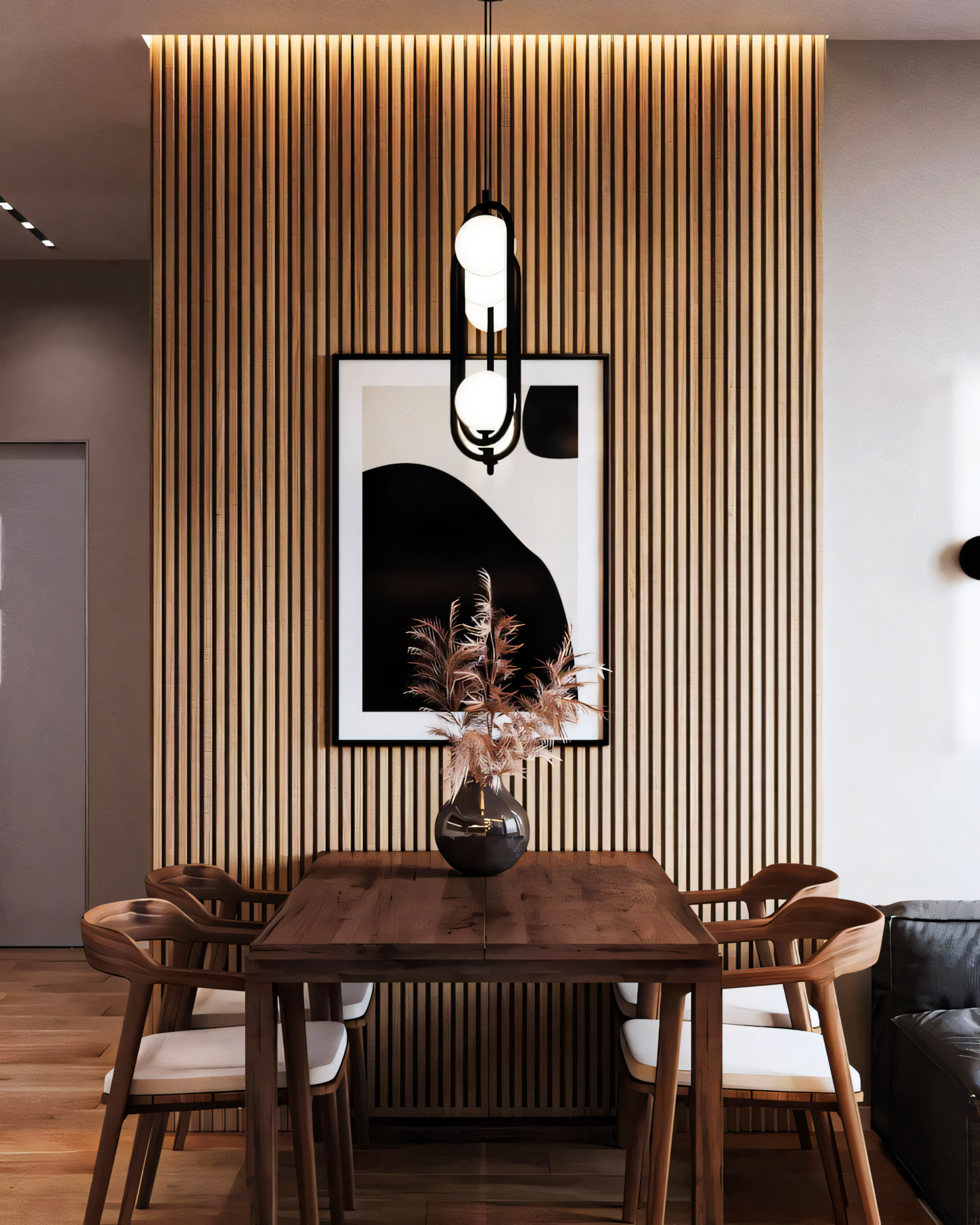 Modern Minimalist Dining Room with Wooden Wall Paneling and Pendant Lighting | Material Depot