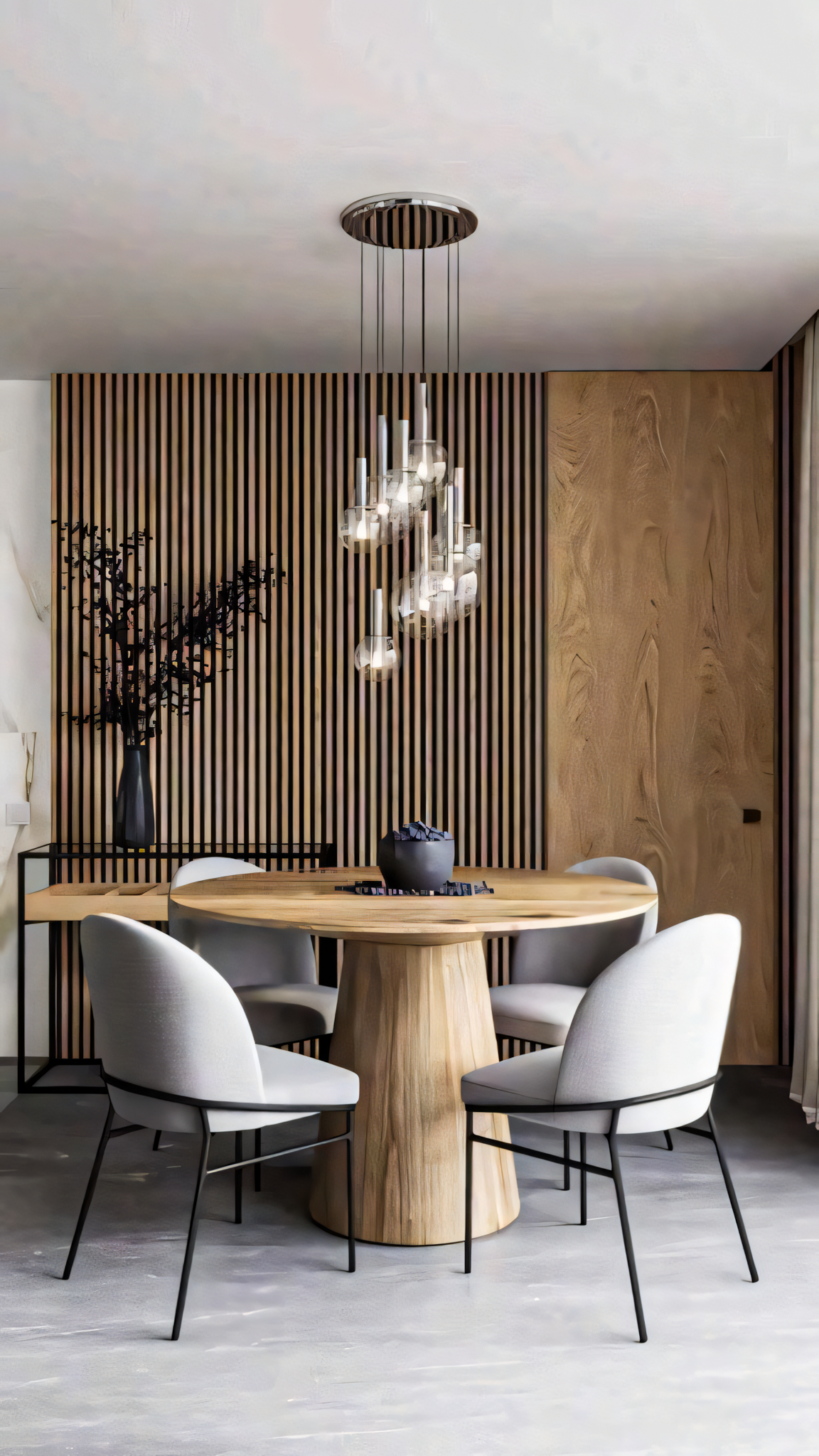 Modern Minimalist Dining Room with Wooden Wall Paneling and Pendant Lighting | Material Depot