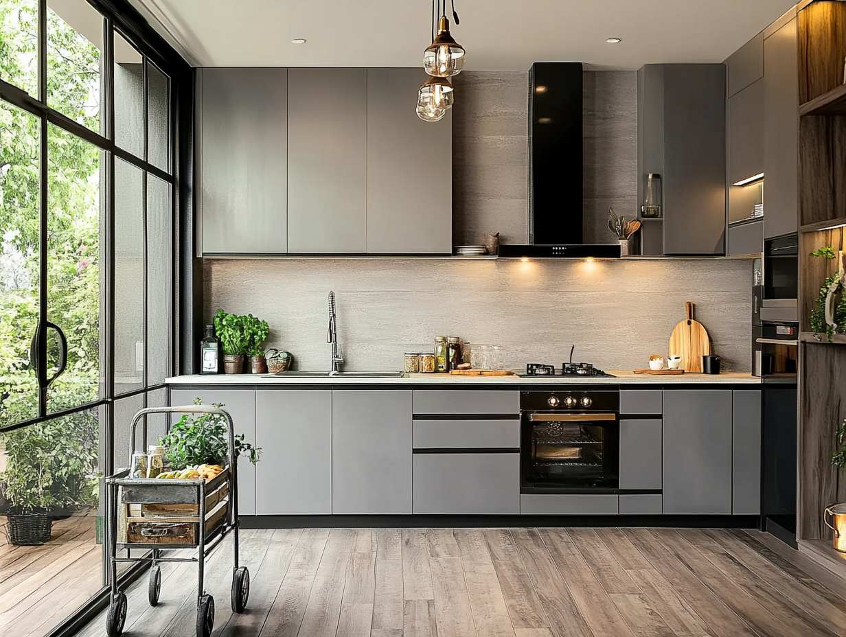 Modern Minimalist Kitchen with Matte Gray Cabinets and Floor-to-Ceiling Windows | Material Depot