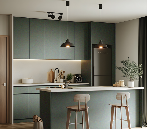 Elegant Blue Minimalist Kitchen with Glossy Cabinets and Natural Light | Material Depot