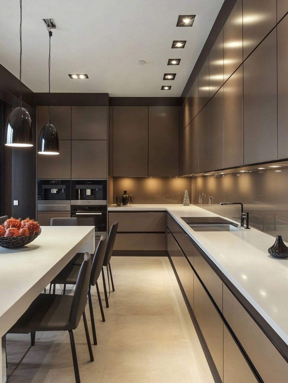 Modern Minimalist Kitchen with Sleek Brown Laminates and Glossy Countertops | Material Depot