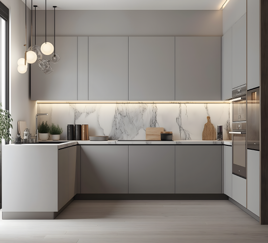 Modern Minimalist Kitchen with Textured Cabinets and Marble Accent Wall | Material Depot