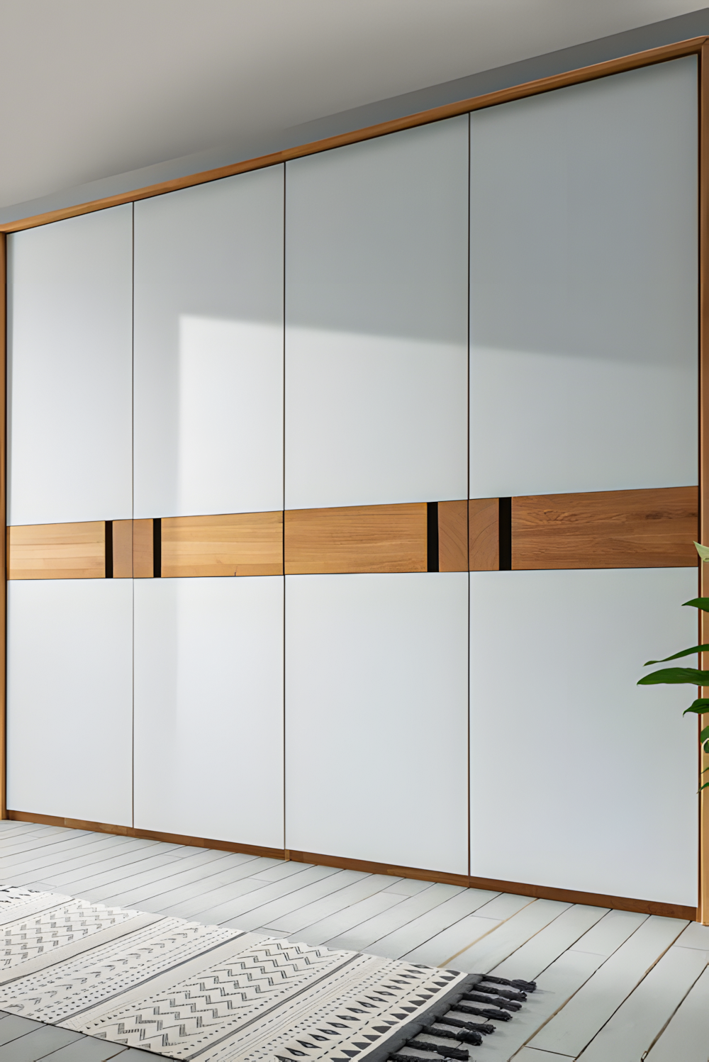 Modern Minimalist: Sleek White Wardrobe with Wood Accents | Material Depot