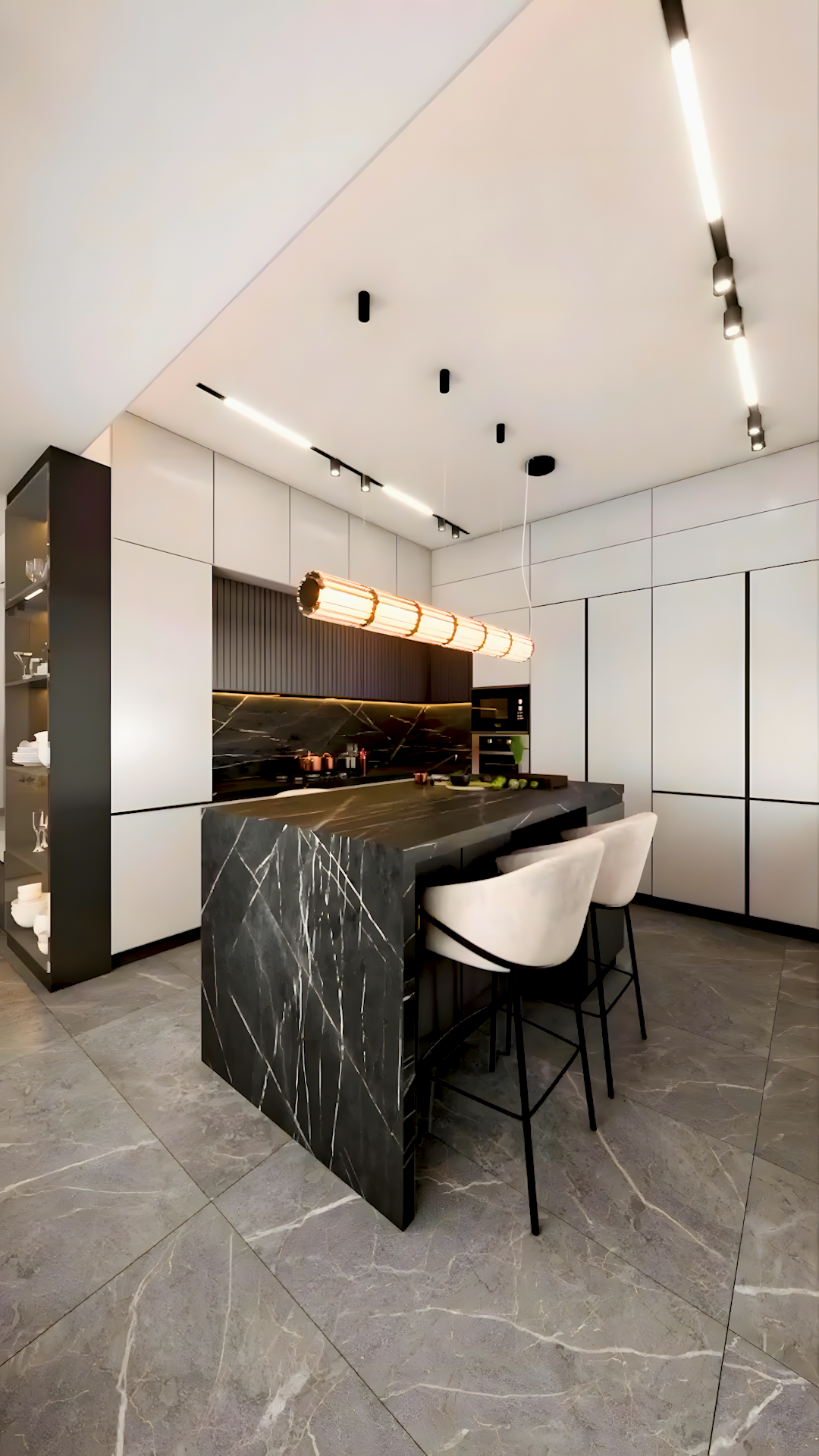 Modern Monochrome Kitchen with Sleek Black Marble Island and Contemporary Lighting | Material Depot