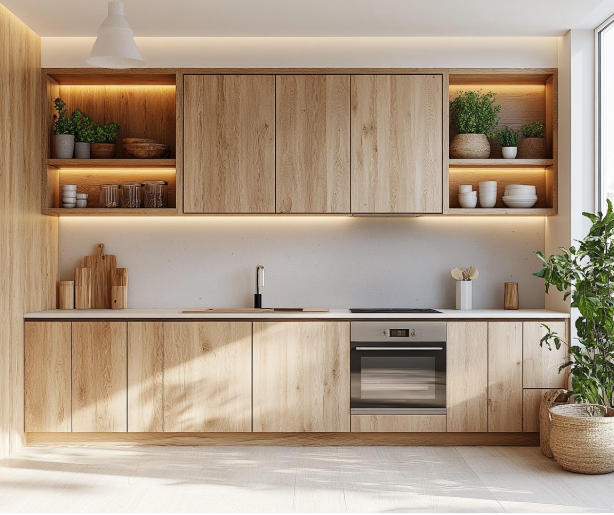 Modern Natural Oak Wooden Laminate Kitchen with Open Shelving | Material Depot