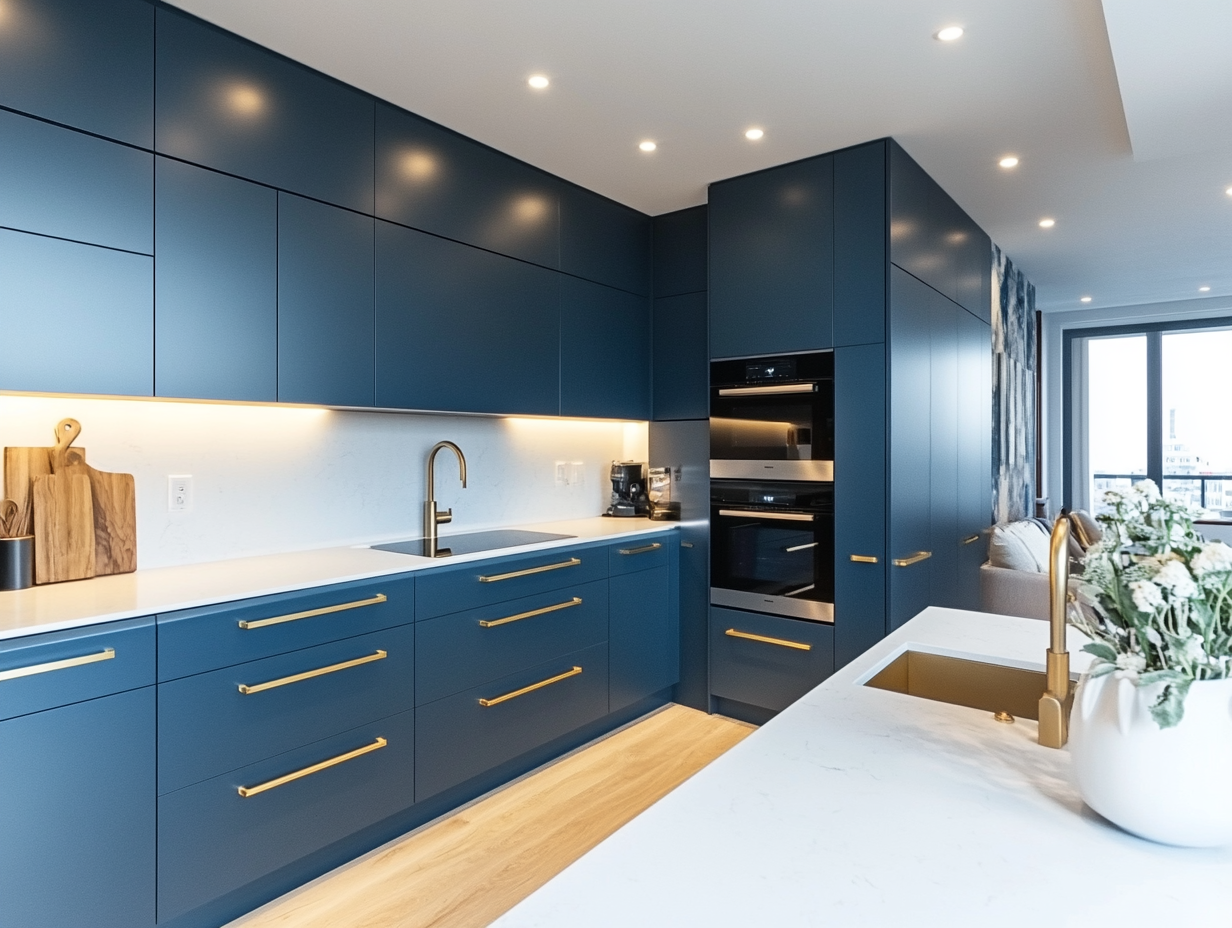 Modern Navy Blue Kitchen with Elegant Brass Accents | Material Depot