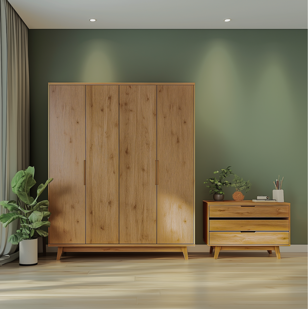 Modern Oak Wooden Laminate Wardrobe and Chest for Minimalist Bedroom | Material Depot