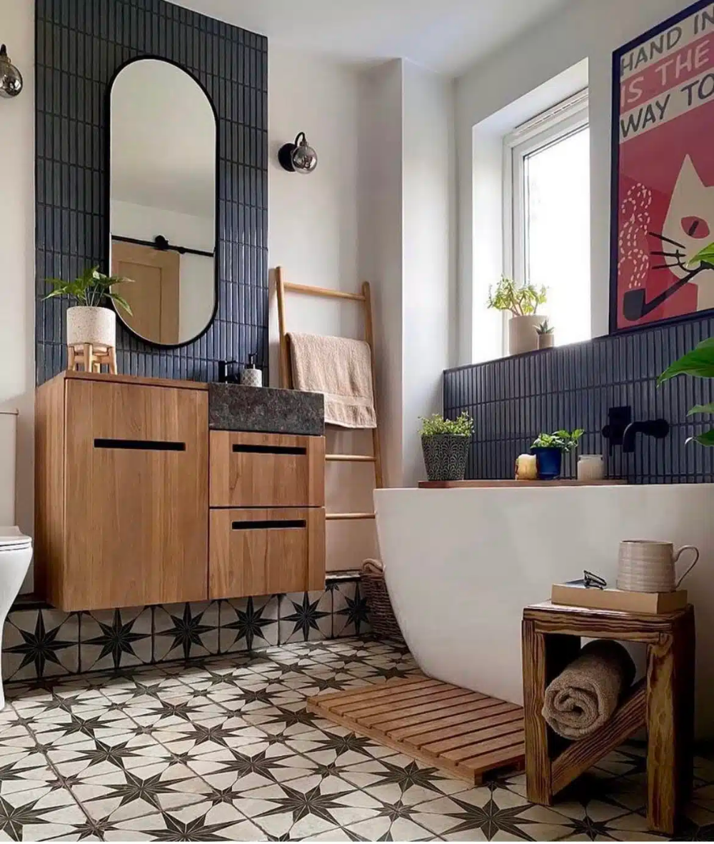 Modern Oasis: Sleek Wooden Vanity and Star-Patterned Tile Bathroom | Material Depot