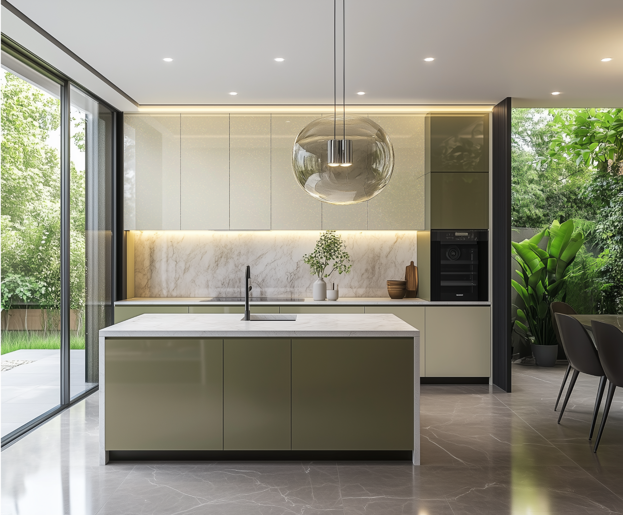 Modern Green Glossy Kitchen with Marble Countertop and Natural Lighting | Material Depot