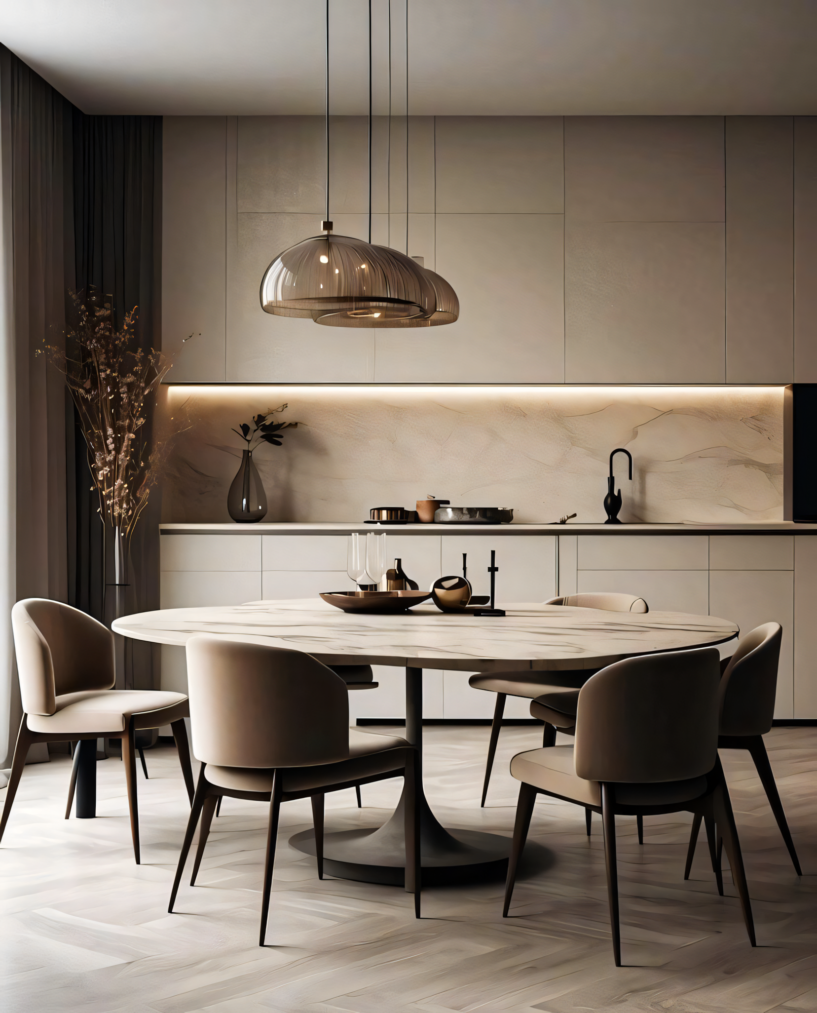 Modern Open-Plan Kitchen with Round Marble Dining Table | Material Depot