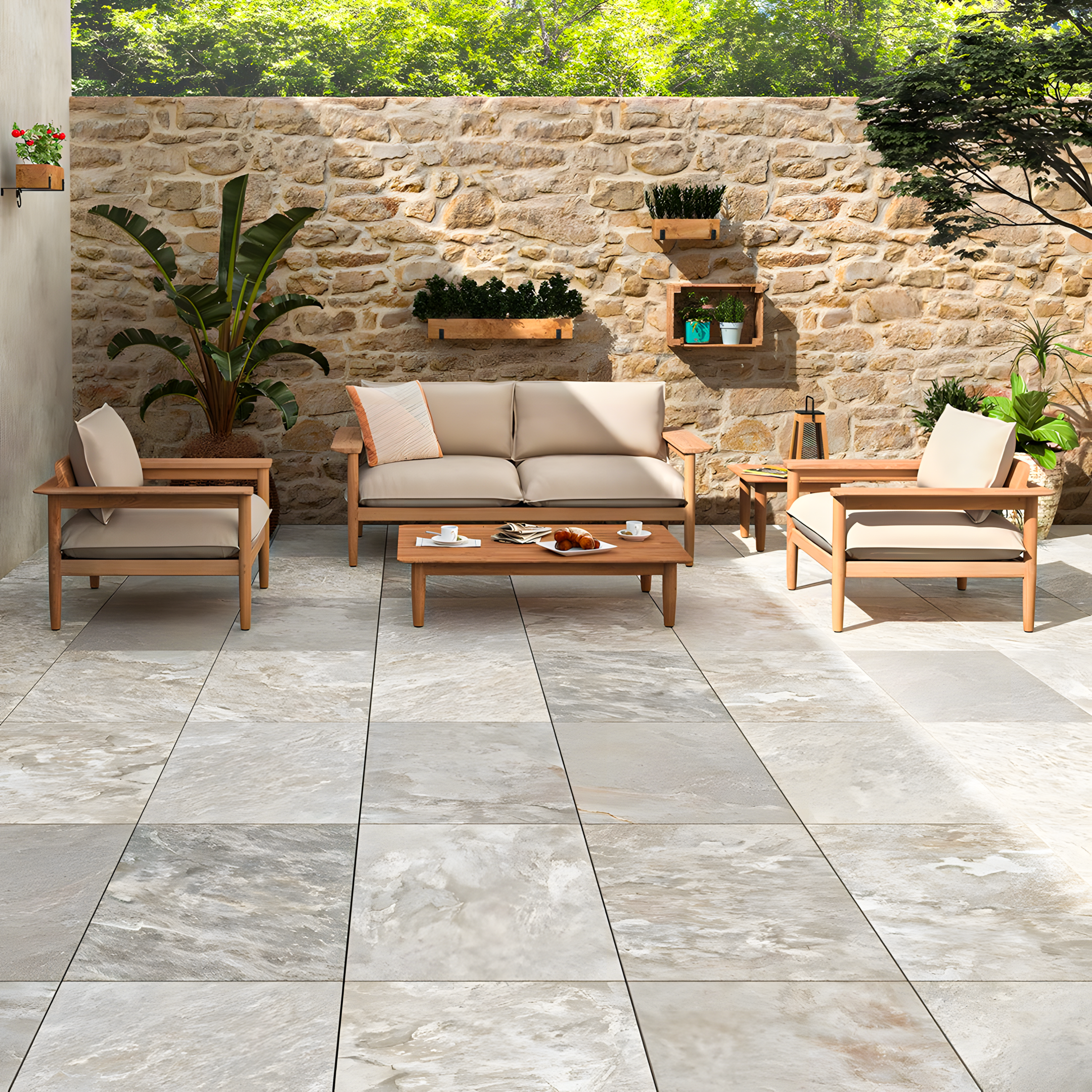 Modern Outdoor Living Space with Stone Wall and Grey Porcelain Tiles | Material Depot