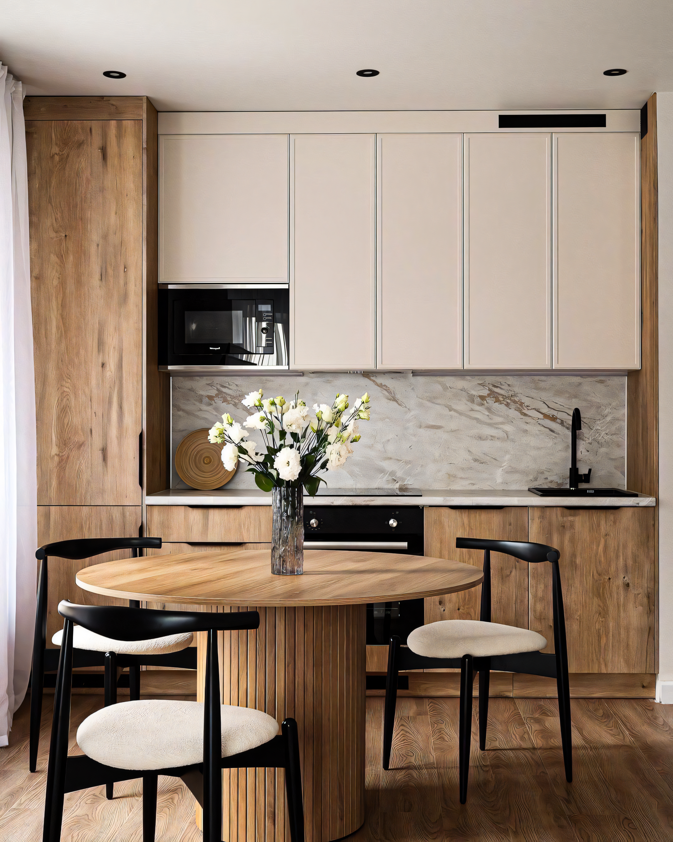 Modern Scandinavian Kitchen with Round Dining Table and White Cabinets | Material Depot