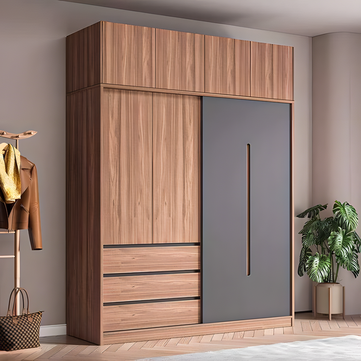 Modern Sliding Door Wardrobe with Wood and Gray Finish | Material Depot