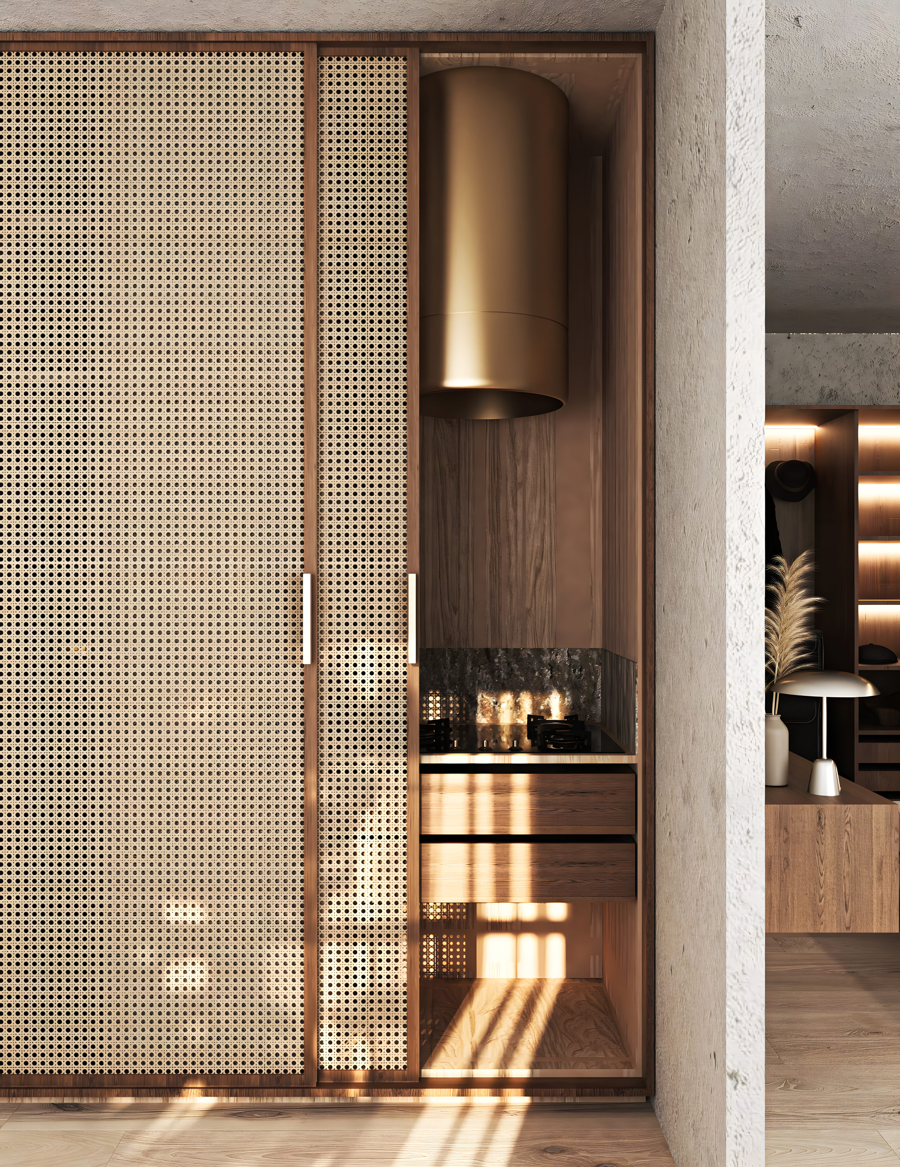 Modern Sliding Wardrobe with Rattan-Paneled Doors | Material Depot