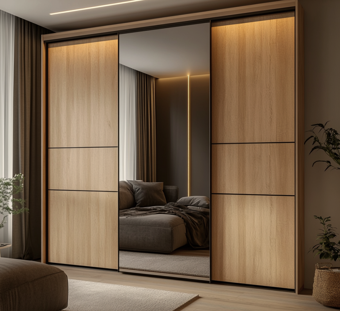 Modern Sliding Wooden Laminate Wardrobe with Mirror Panel for Elegant Bedroom | Material Depot