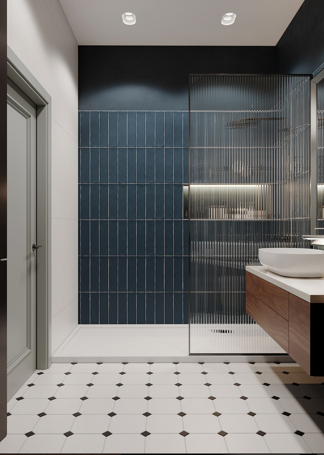 Modern Sophistication: A Bathroom Highlighting Deep Blue Tiles and Crisp White Accents | Material Depot