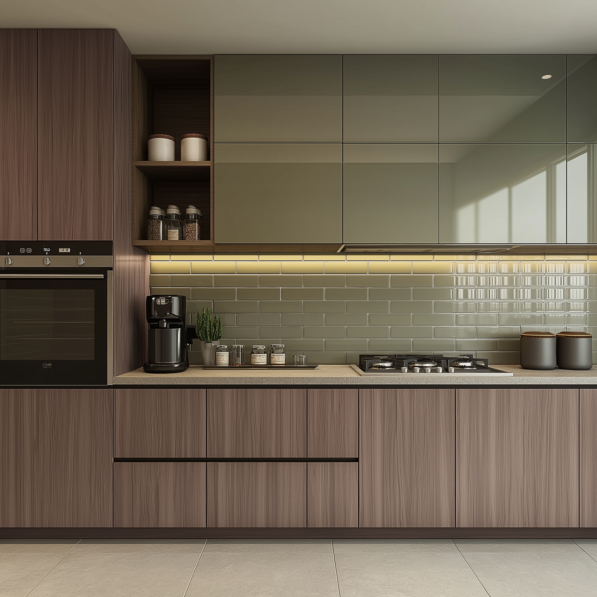 Contemporary Matte Wood and Glossy Green Modular Kitchen | Material Depot