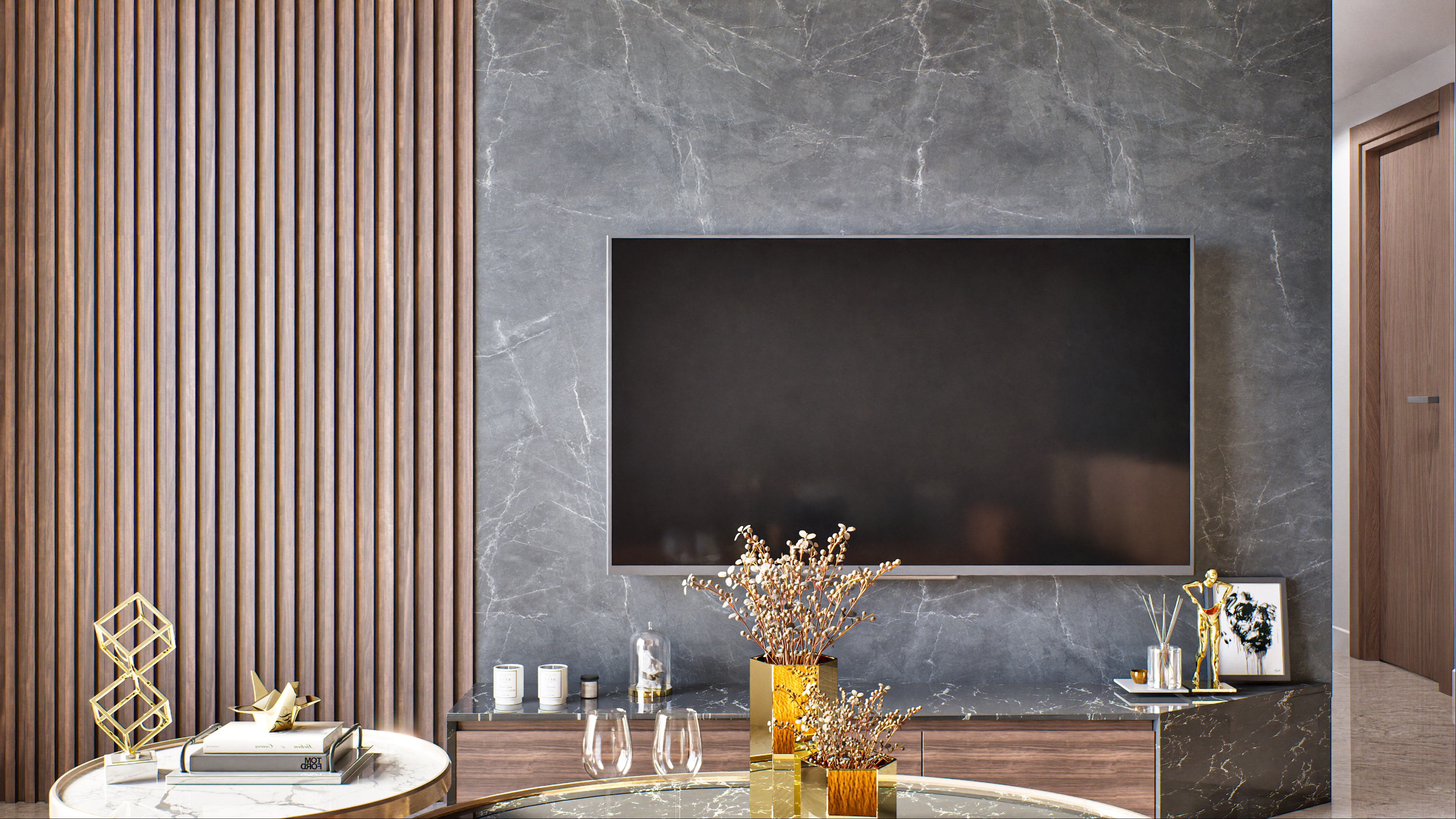 Modern TV Unit with Fluted Wood Panels and Marble Accents | Material Depot