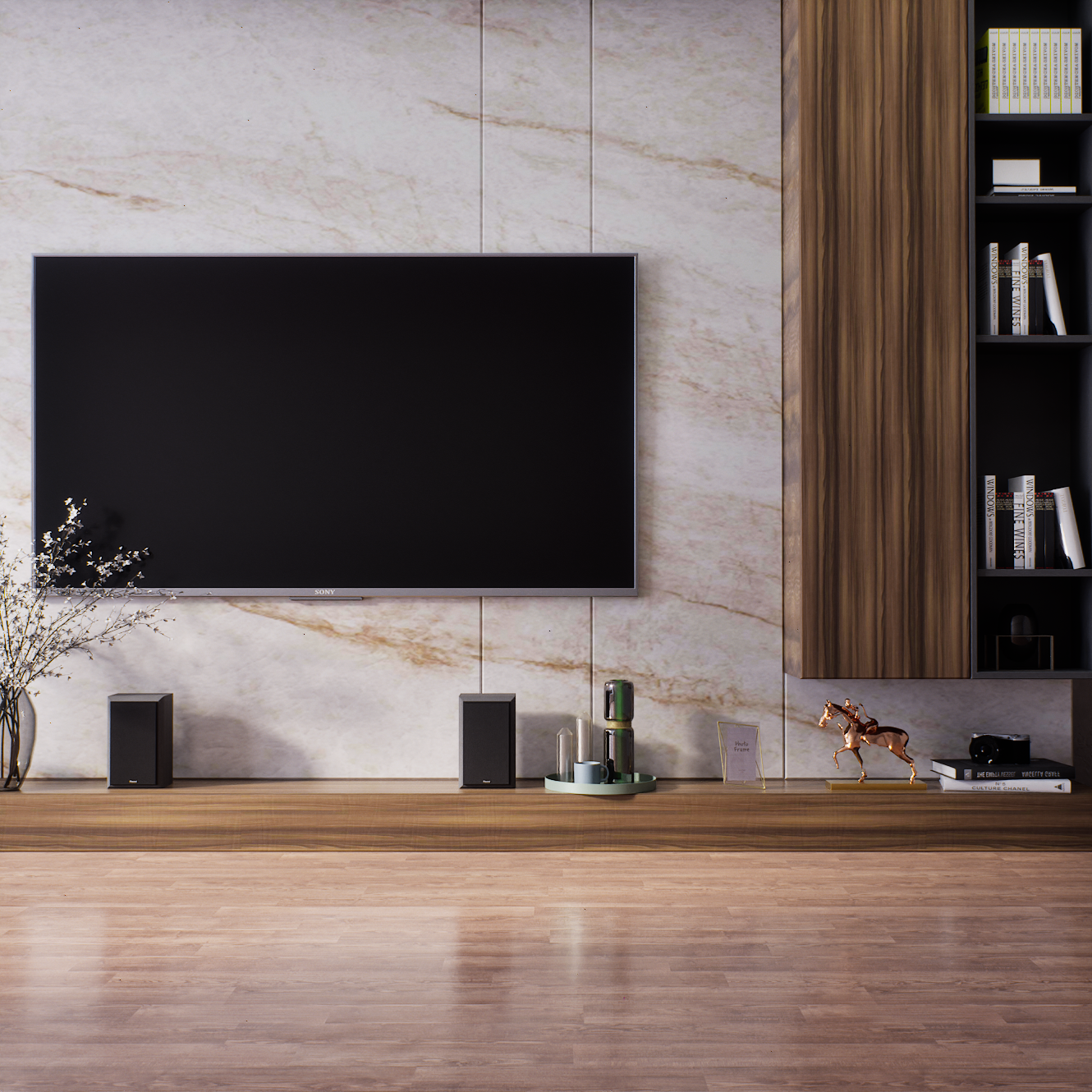 Modern TV Unit with Marble Backdrop and Wooden Accents | Material Depot