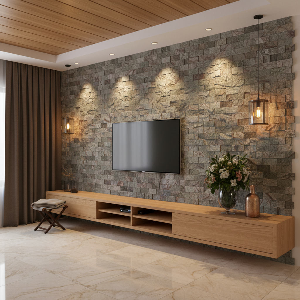 Tv Unit Cladding Modern TV unit with stone cladding accent wall, oak wood laminate ...