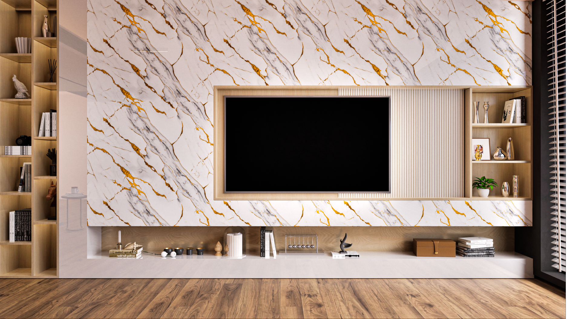 Modern TV Unit With Textured Marble Laminate For Living Room | Material Depot