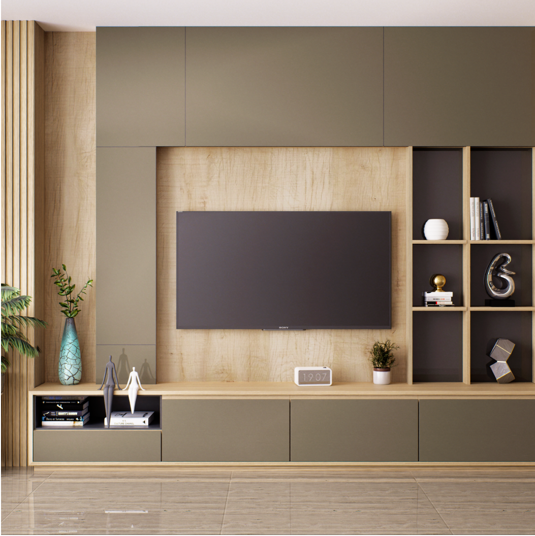 Modern TV Unit with Wooden Laminate and Open Shelving for Living Room | Material Depot