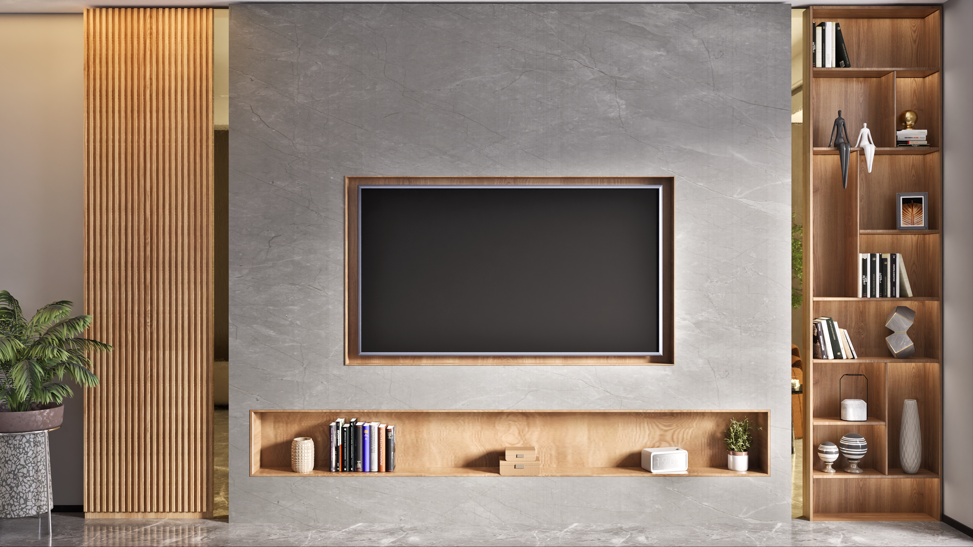 Modern TV Wall with Grey Stone Finish and Wooden Accents | Material Depot