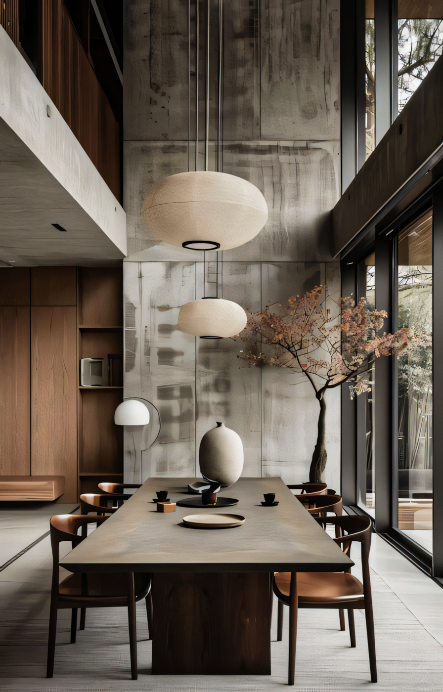 Modern Wabi-Sabi Dining Room with Concrete Wall and Bonsai Tree | Material Depot