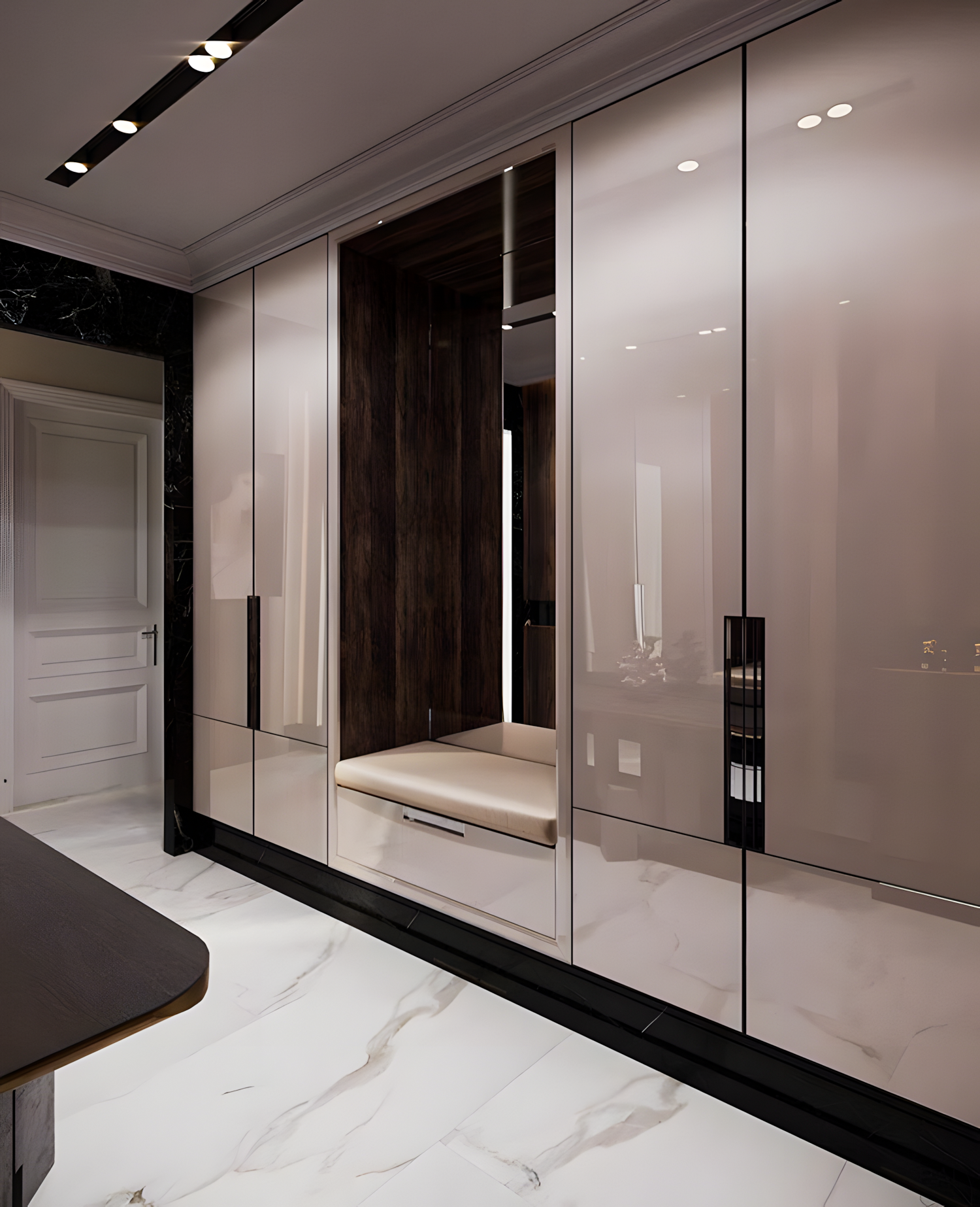 Modern Walk-In Closet with Marble Flooring and Slatted Wall | Material Depot