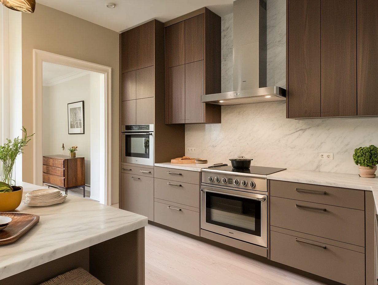 Modern Walnut and Marble Kitchen Featuring Sleek Design and Earthy Tones | Material Depot