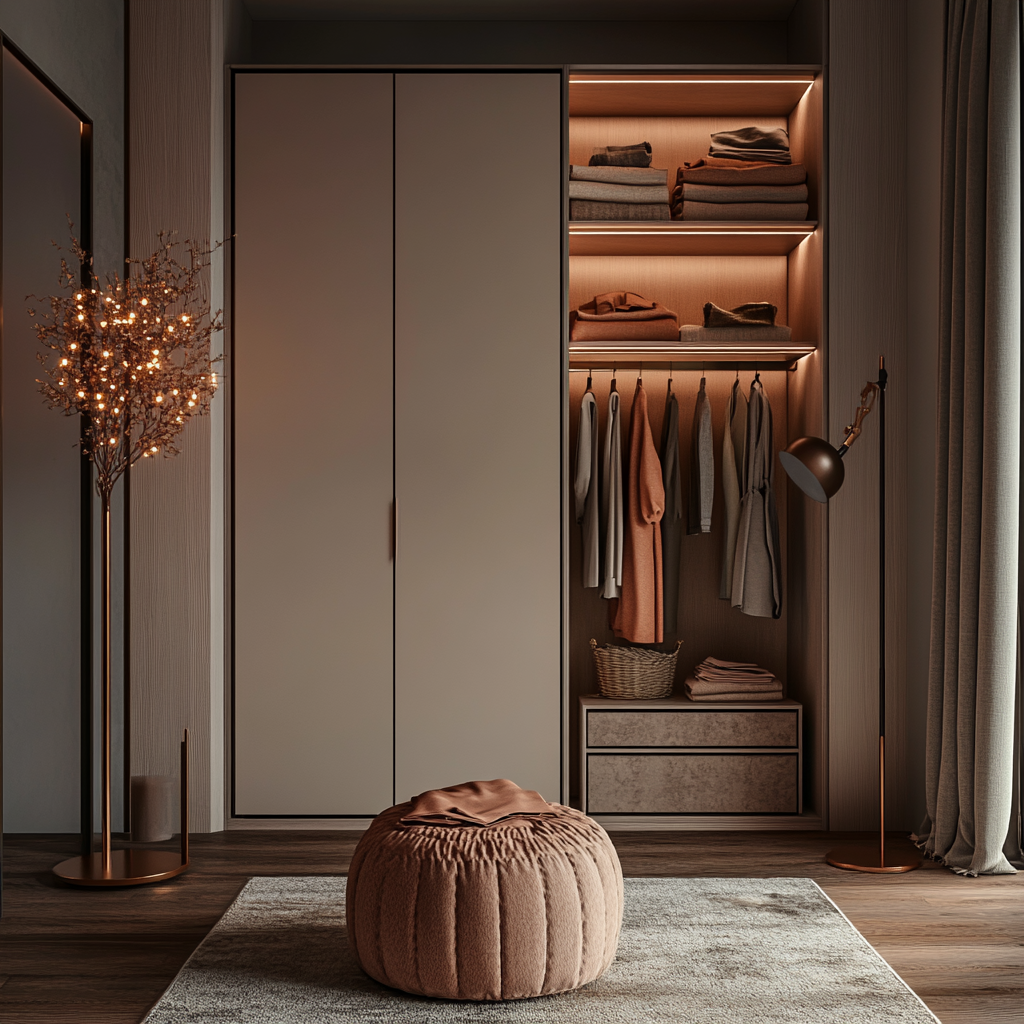 Modern Wardrobe with Ambient Lighting and Cozy Bedroom Accents | Material Depot