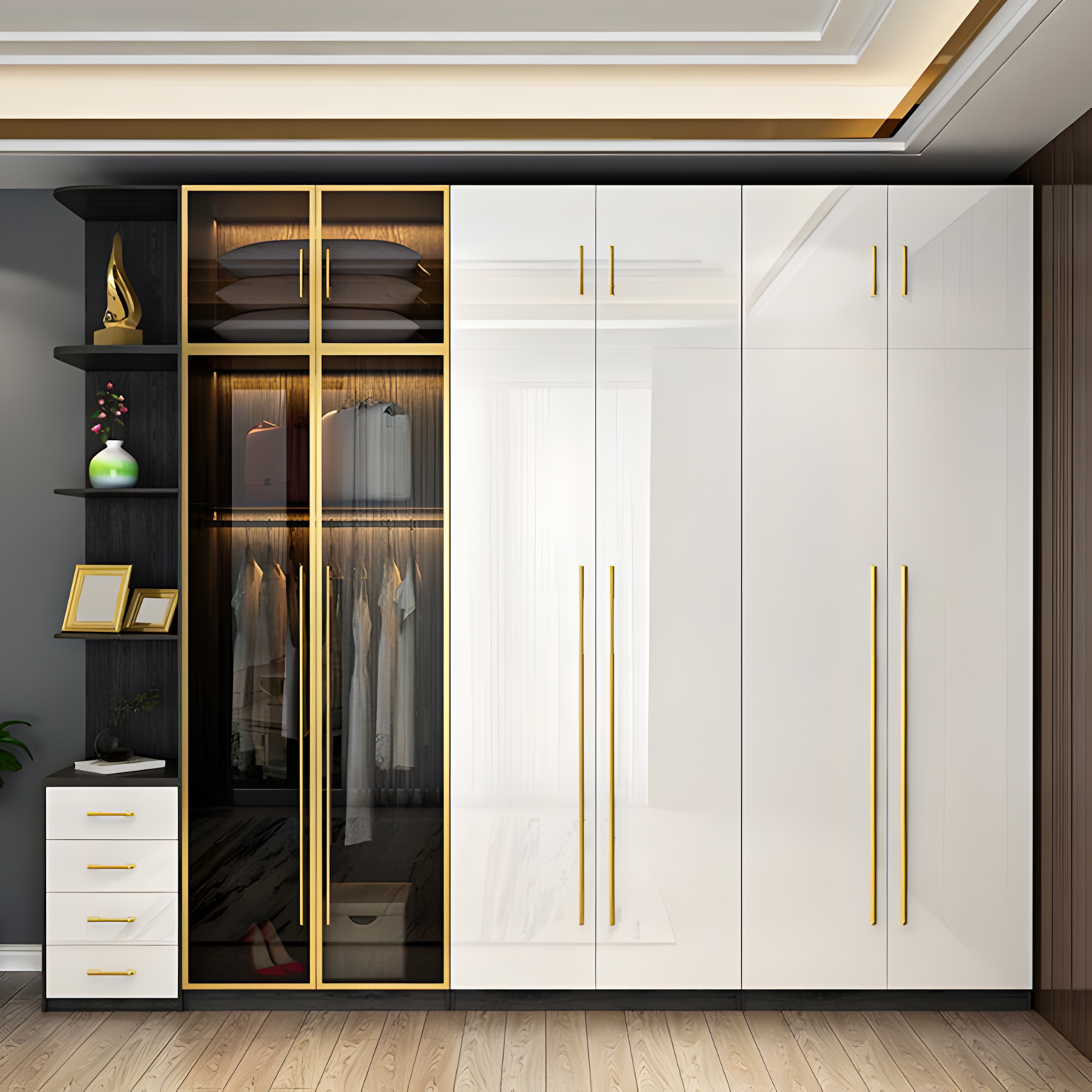 Modern Wardrobe with Glass Doors and Gold Hardware | Material Depot