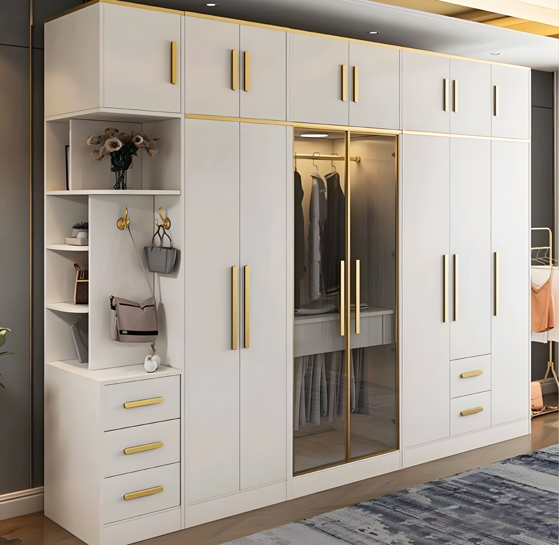 Modern White Wardrobe with Glass Doors and Gold Accents | Material Depot