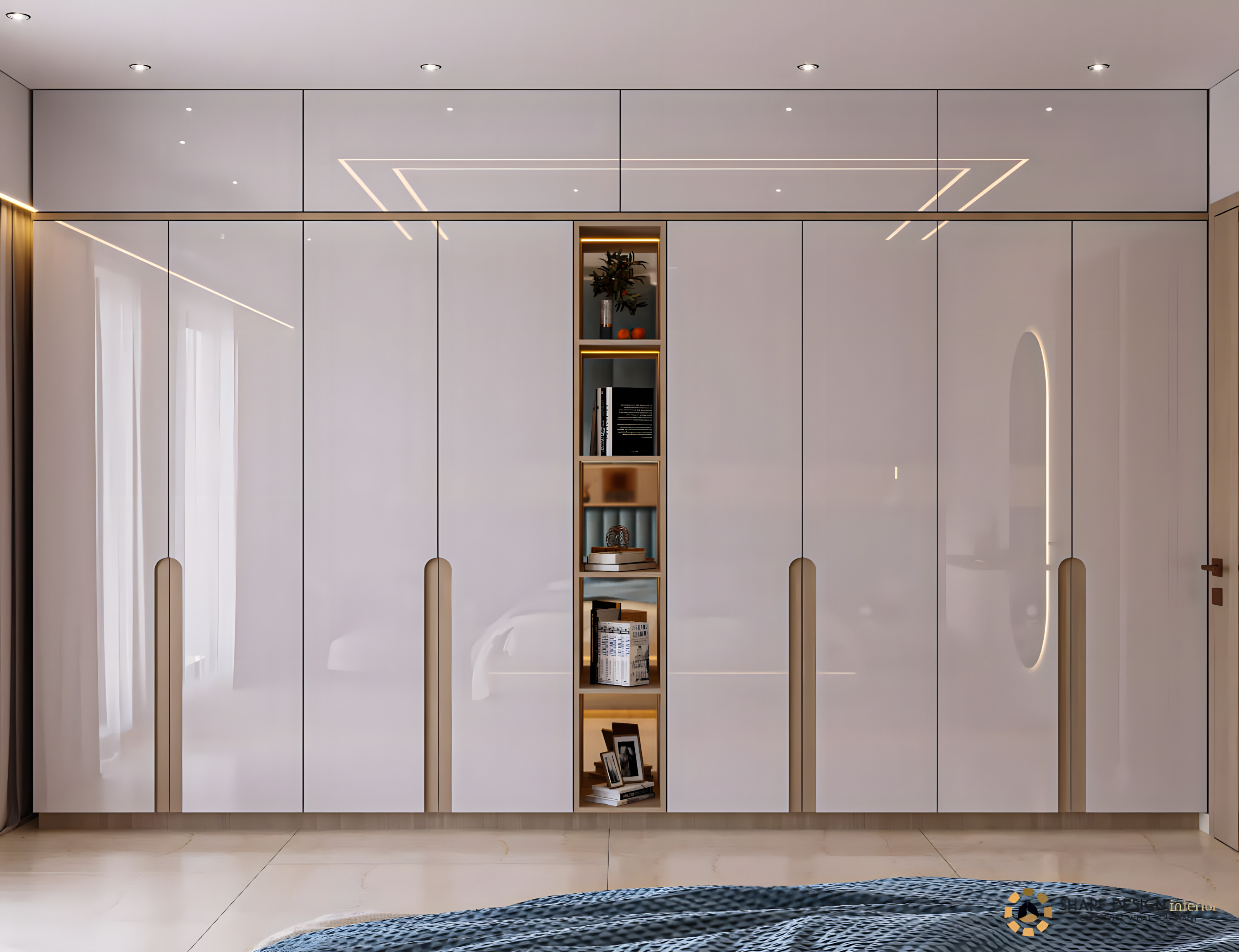 Modern White Wardrobe with Open Shelf and Gold Accents | Material Depot